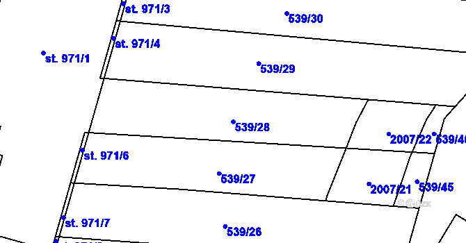 Parcela st. 539/28 v KÚ Chválkovice, Katastrální mapa