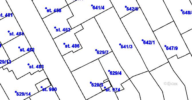 Parcela st. 629/7 v KÚ Chválkovice, Katastrální mapa