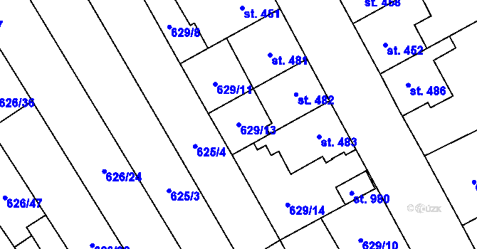 Parcela st. 629/13 v KÚ Chválkovice, Katastrální mapa