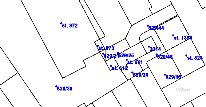 Parcela st. 629/21 v KÚ Chválkovice, Katastrální mapa