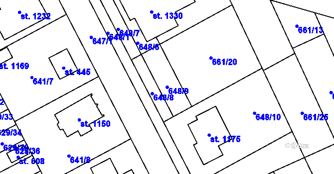 Parcela st. 648/9 v KÚ Chválkovice, Katastrální mapa