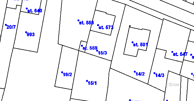 Parcela st. 15/3 v KÚ Olšany u Prostějova, Katastrální mapa