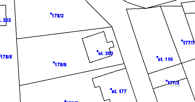 Parcela st. 203 v KÚ Olšovec, Katastrální mapa