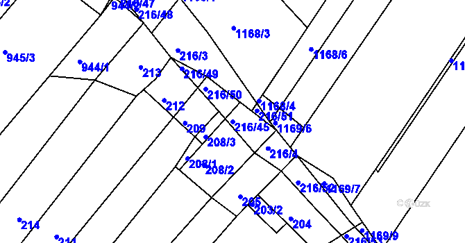 Parcela st. 216/45 v KÚ Omice, Katastrální mapa