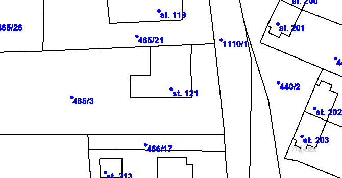 Parcela st. 121 v KÚ Omlenice, Katastrální mapa