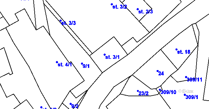 Parcela st. 3/1 v KÚ Těškovice u Onšova, Katastrální mapa