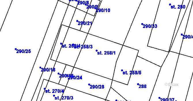 Parcela st. 258/1 v KÚ Opařany, Katastrální mapa