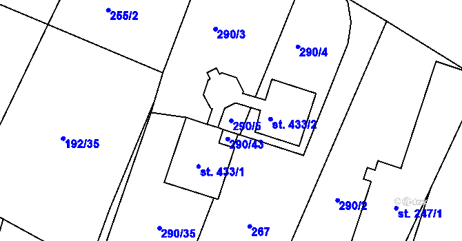Parcela st. 290/5 v KÚ Opařany, Katastrální mapa