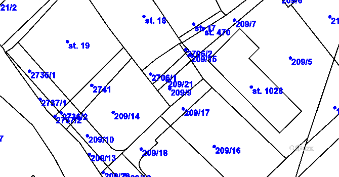Parcela st. 209/9 v KÚ Opatovice nad Labem, Katastrální mapa