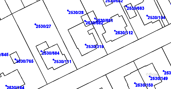 Parcela st. 2530/318 v KÚ Opava-Předměstí, Katastrální mapa