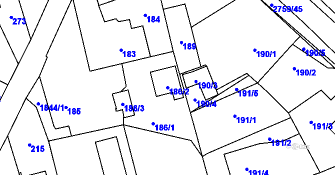Parcela st. 186/2 v KÚ Kylešovice, Katastrální mapa