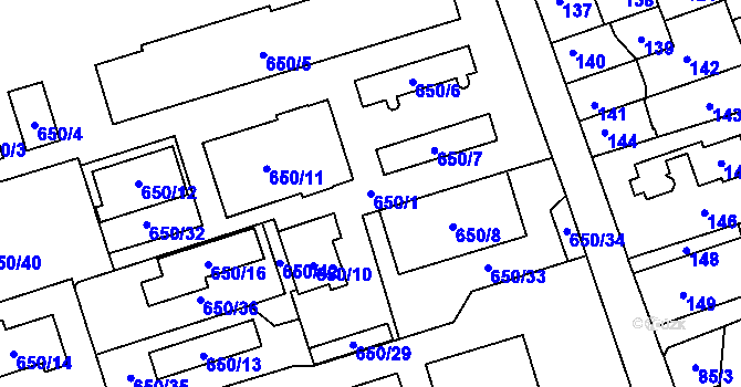 Parcela st. 650/1 v KÚ Komárov u Opavy, Katastrální mapa