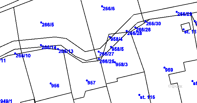 Parcela st. 266/27 v KÚ Rviště, Katastrální mapa