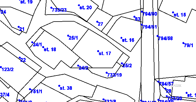 Parcela st. 17 v KÚ Rviště, Katastrální mapa
