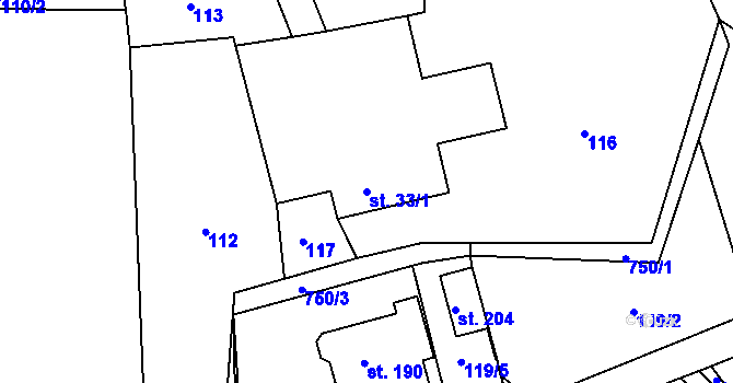 Parcela st. 33/1 v KÚ Rviště, Katastrální mapa