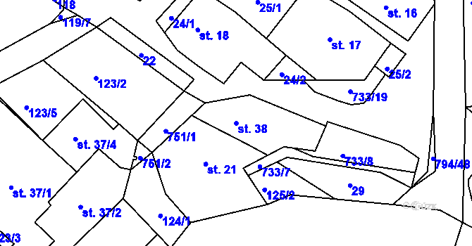 Parcela st. 38 v KÚ Rviště, Katastrální mapa