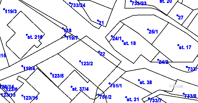 Parcela st. 22 v KÚ Rviště, Katastrální mapa