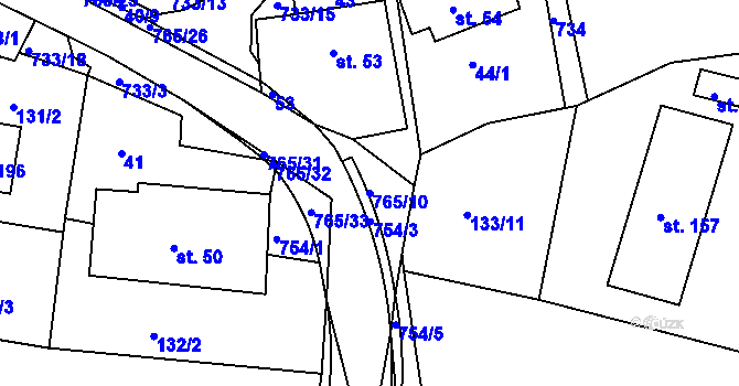 Parcela st. 765/10 v KÚ Rviště, Katastrální mapa