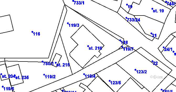 Parcela st. 216 v KÚ Rviště, Katastrální mapa