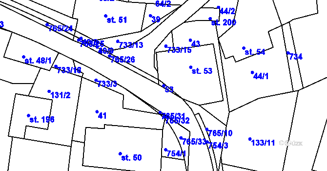 Parcela st. 53 v KÚ Rviště, Katastrální mapa