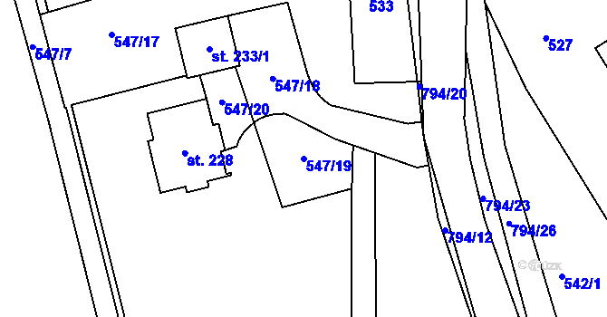 Parcela st. 547/19 v KÚ Rviště, Katastrální mapa
