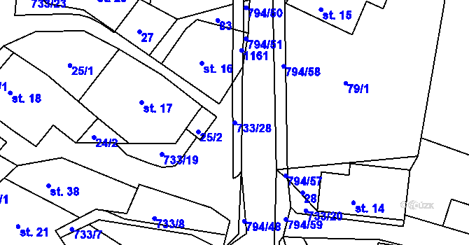 Parcela st. 733/28 v KÚ Rviště, Katastrální mapa