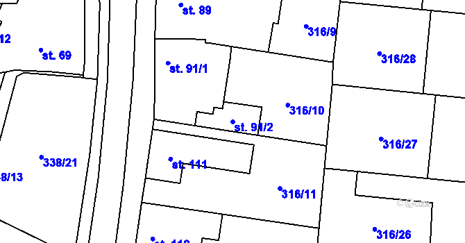Parcela st. 91/2 v KÚ Ořech, Katastrální mapa