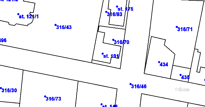 Parcela st. 191 v KÚ Ořech, Katastrální mapa