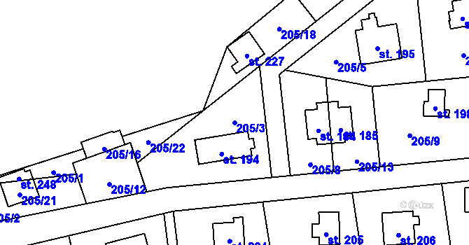 Parcela st. 205/3 v KÚ Ořech, Katastrální mapa