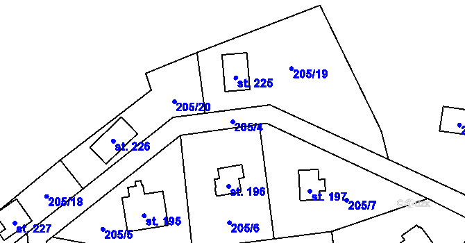 Parcela st. 205/4 v KÚ Ořech, Katastrální mapa