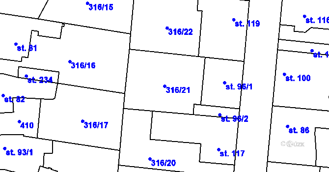 Parcela st. 316/21 v KÚ Ořech, Katastrální mapa