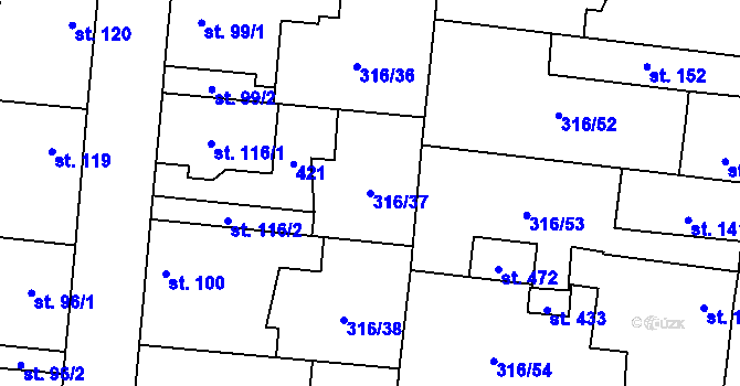 Parcela st. 316/37 v KÚ Ořech, Katastrální mapa