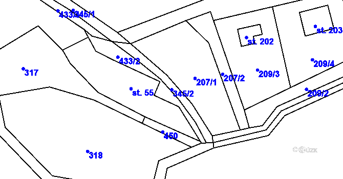 Parcela st. 345/2 v KÚ Ořech, Katastrální mapa