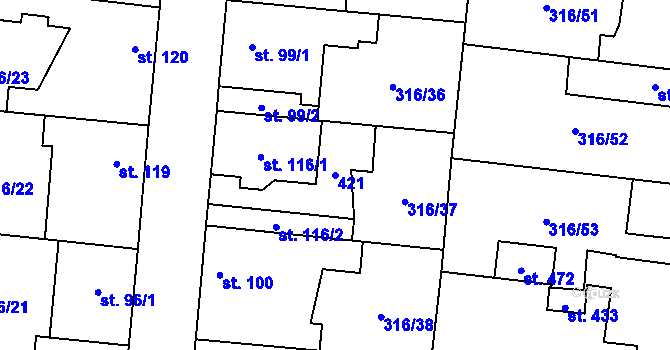 Parcela st. 421 v KÚ Ořech, Katastrální mapa