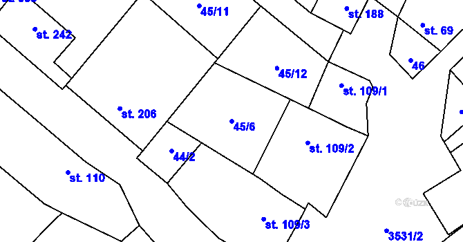 Parcela st. 45/6 v KÚ Ořechov u Uherského Hradiště, Katastrální mapa