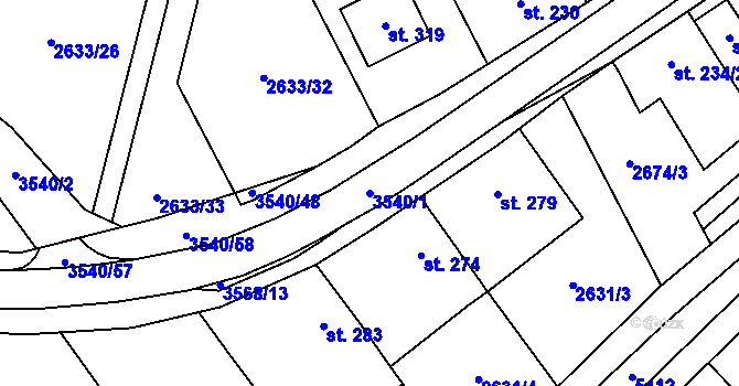 Parcela st. 3540/1 v KÚ Ořechov u Uherského Hradiště, Katastrální mapa