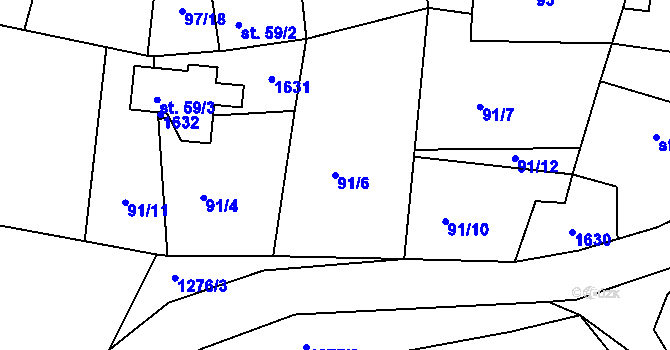 Parcela st. 91/6 v KÚ Lázně Kundratice, Katastrální mapa
