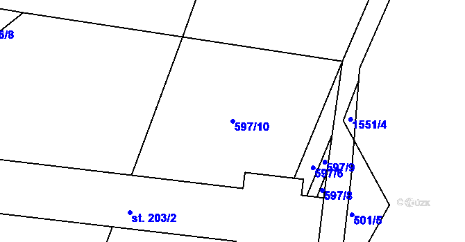 Parcela st. 597/10 v KÚ Lázně Kundratice, Katastrální mapa