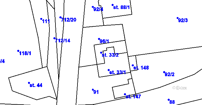 Parcela st. 33/2 v KÚ Mostkov, Katastrální mapa