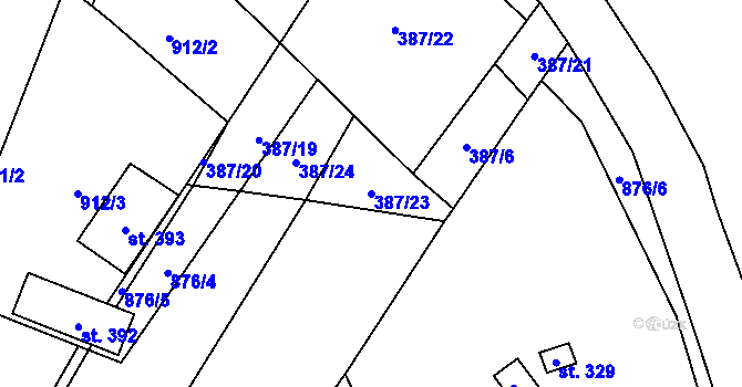 Parcela st. 387/23 v KÚ Oskořínek, Katastrální mapa
