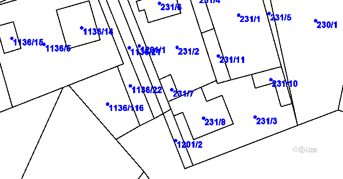Parcela st. 231/7 v KÚ Ostrá, Katastrální mapa