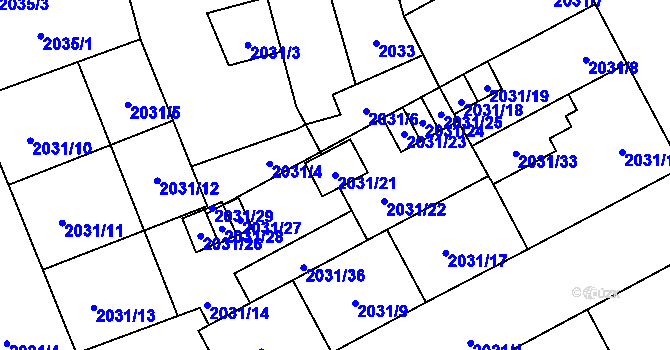 Parcela st. 2031/21 v KÚ Moravská Ostrava, Katastrální mapa