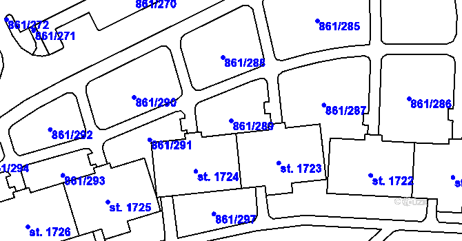 Parcela st. 861/289 v KÚ Mariánské Hory, Katastrální mapa
