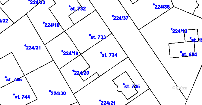 Parcela st. 734 v KÚ Mariánské Hory, Katastrální mapa