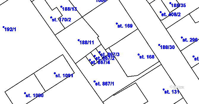 Parcela st. 867/3 v KÚ Mariánské Hory, Katastrální mapa