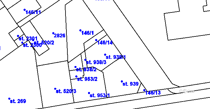 Parcela st. 938/1 v KÚ Mariánské Hory, Katastrální mapa