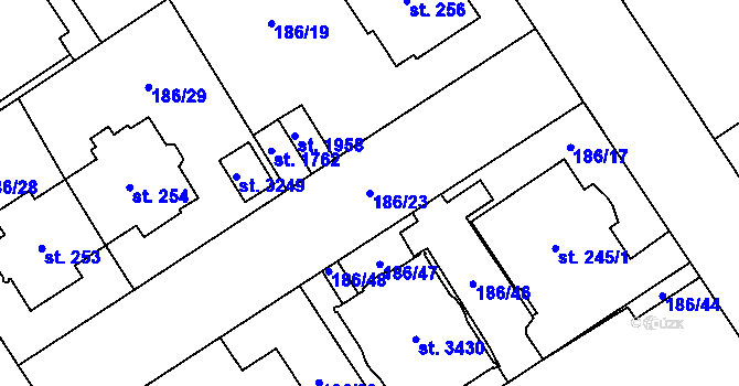 Parcela st. 186/23 v KÚ Mariánské Hory, Katastrální mapa