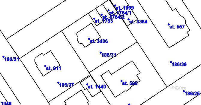 Parcela st. 186/31 v KÚ Mariánské Hory, Katastrální mapa