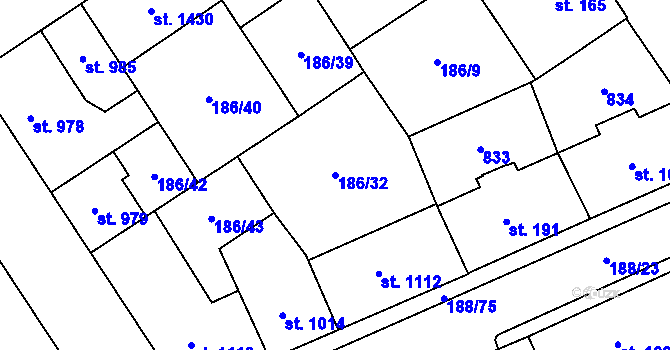 Parcela st. 186/32 v KÚ Mariánské Hory, Katastrální mapa