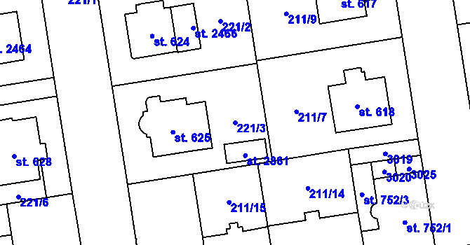 Parcela st. 221/3 v KÚ Mariánské Hory, Katastrální mapa
